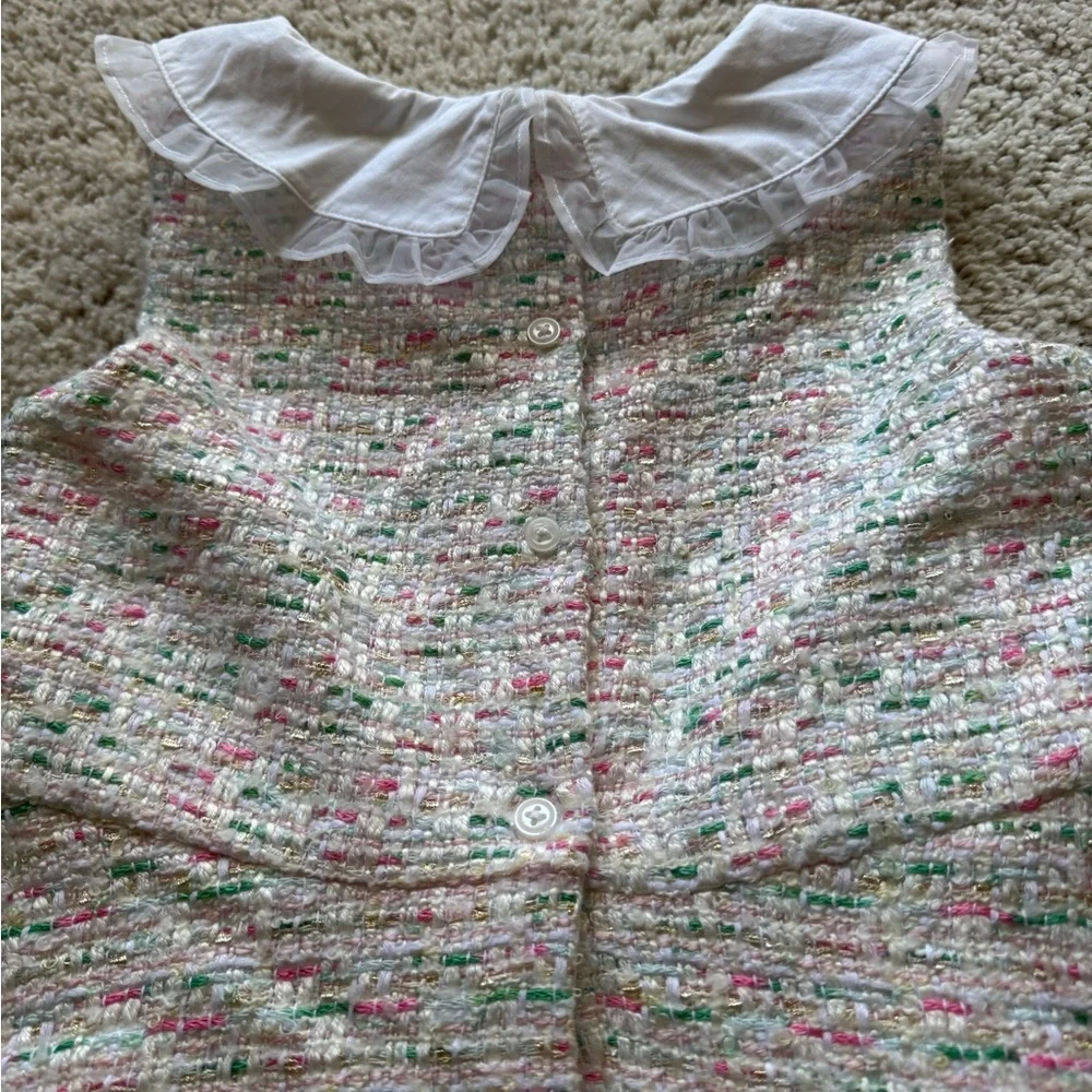 Janie and Jack Girls' Boucle Sheath Dress Sz 7 Pink Green White Sleeveless EUC